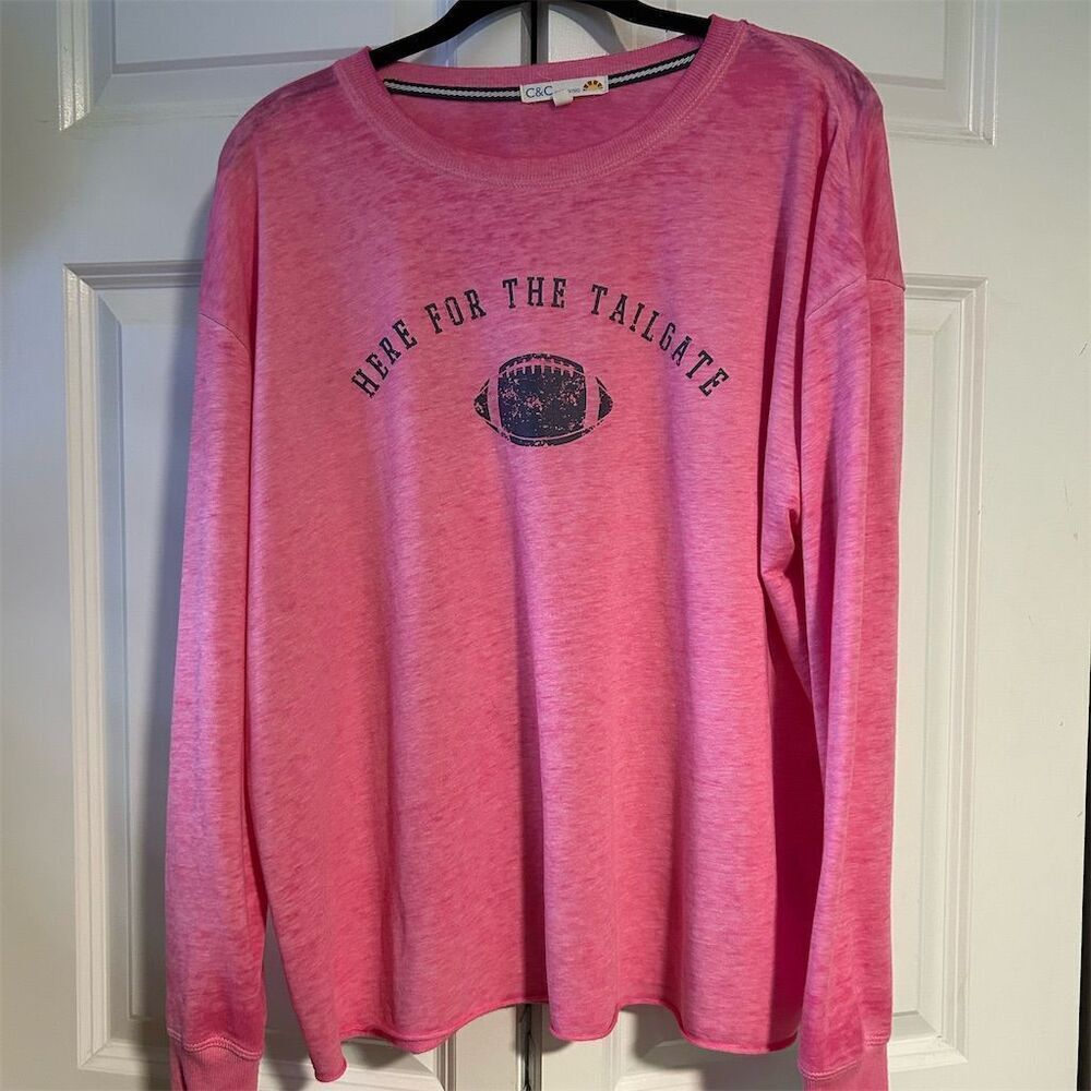 C&C California Women's Pink Long Sleeve "Here For The Tailgate" Tee L